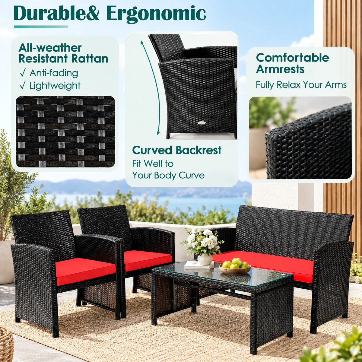 Airfind 4 Pieces Patio Rattan Cushioned Furniture Set, Rattan Frame, 43.5 x 25 x 31 Footprint, Red