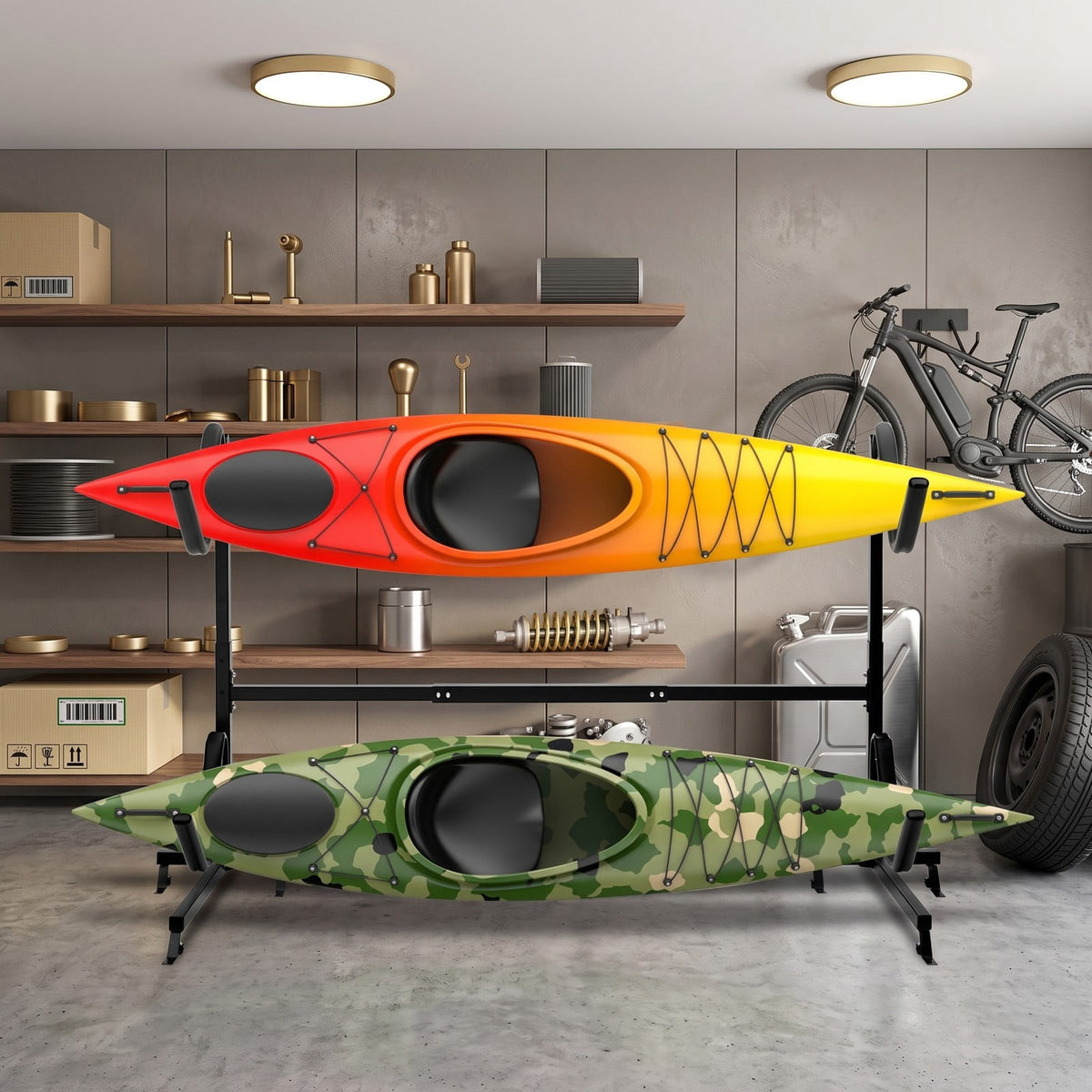 Airfind Freestanding Height Adjustable Dual Kayak Storage Rack with 6 Height Settings for Garage Boat House and Dock, Black