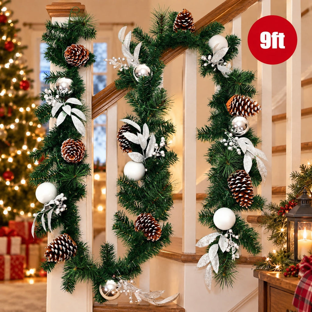 Airfind 9 Feet Pre-Lit Artificial Christmas Garland with LED Lights, New PVC pine needle Frame, Green