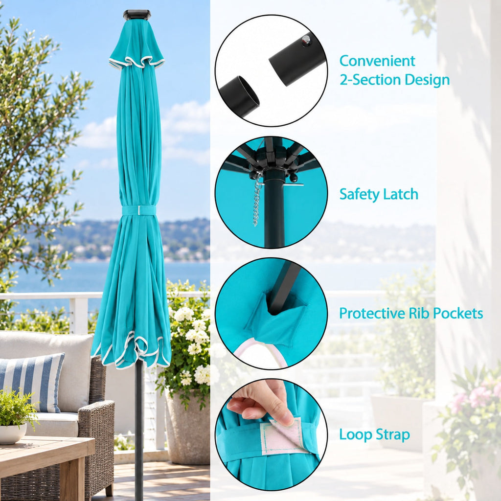 Airfind 10 Feet Solar Patio Umbrella with 24 LED Lights, Polyester Fabric Metal Frame, 10 x 8.3 ft Umbrella Rim Height 6.9 ft Footprint, Turquoise
