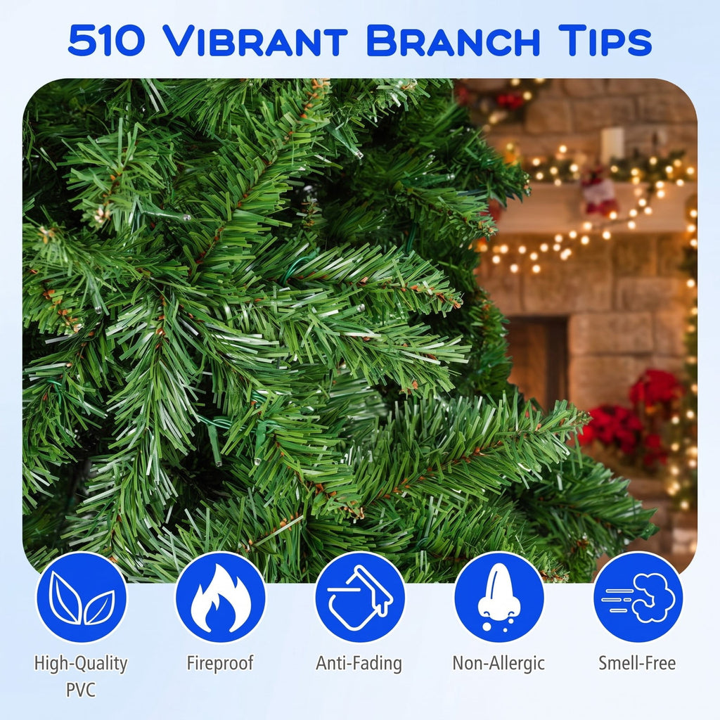 Airfind 5/6/7 Feet Artificial Christmas Tree Hinged Xmas Tree with 7 Lighting Modes-5 Feet, Green, Diameter of Stand 18in/18in/22in