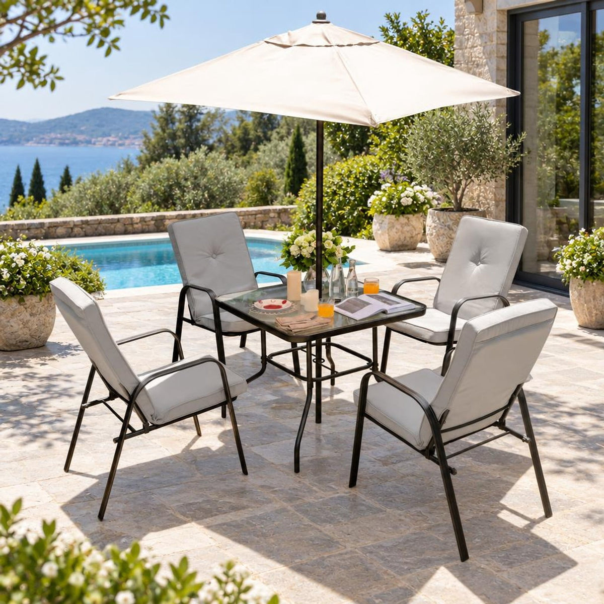 Airfind 5 Feet Patio Square Market Table Umbrella Shelter with 4 Sturdy Ribs, Metal Polyester Frame, 7 x 7 x 7.2 ft Footprint, Beige
