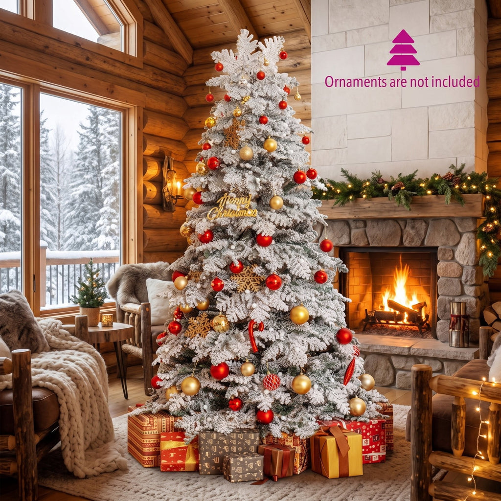Airfind 6/7 Feet Artificial Snow-flocked Christmas Tree Pre-lit Hinged Xmas Tree with 130 Twinkle Balls-6 Feet, Green and White