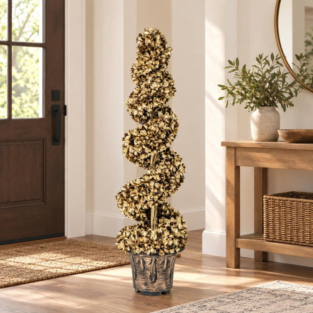 Airfind 4 FT Artificial Topiary Spiral Tree Set of 2 with Vintage Plastic Nursery Pot, PE Metal Cement Foam Tree Height 47 Flower Pot Frame, Gold