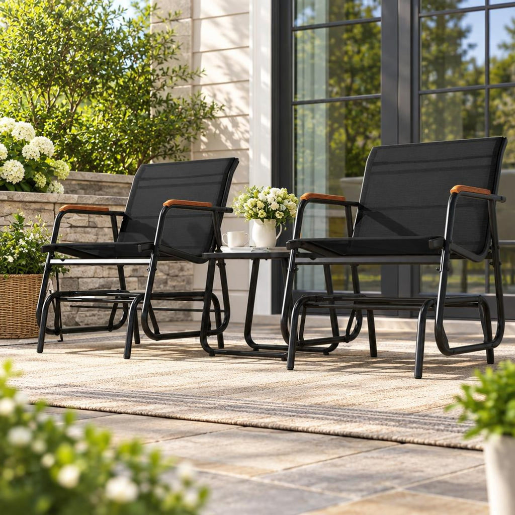 Airfind 3-Piece Outdoor Glider Bistro Set with Tempered Glass Top and Metal Frame, 22 x 18Weight Footprint, Black