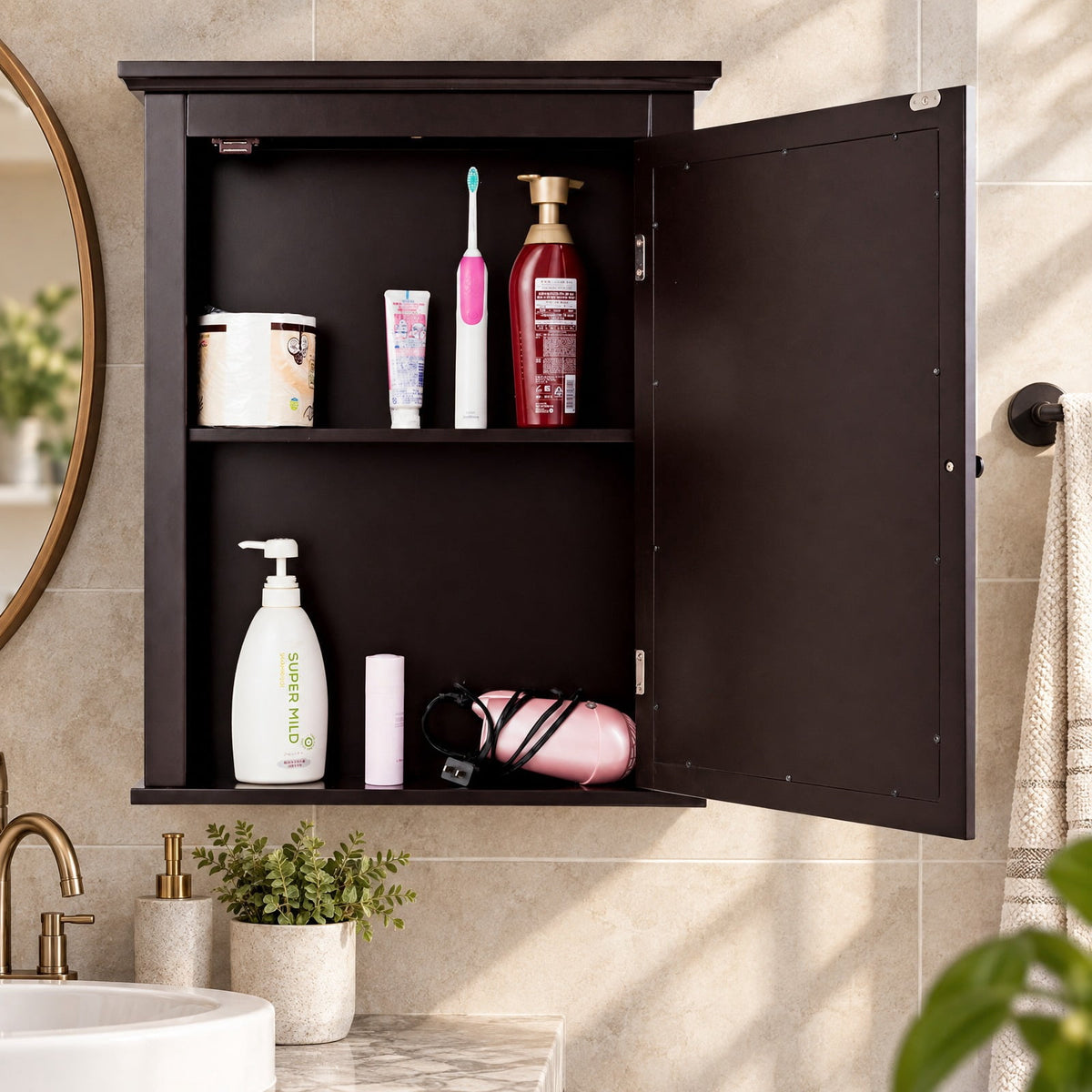 Airfind Bathroom Wall Mounted Storage Mirror Medicine Cabinet, 11 lbs Capacity, MDF and glass Frame, 22 x 6 x 27.5 Footprint, Brown
