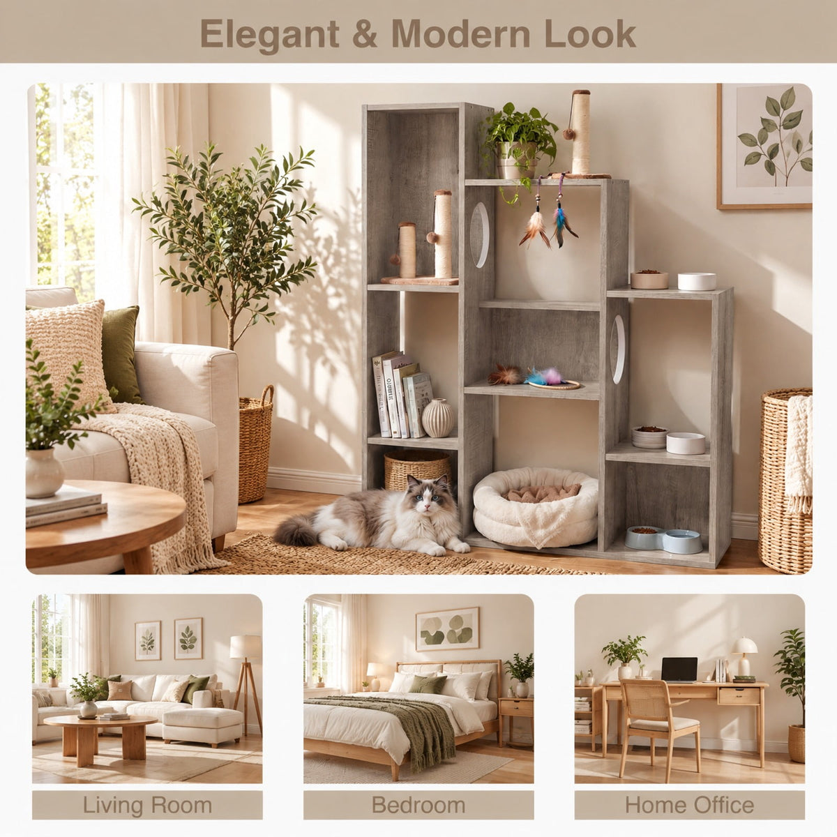 Airfind Modern Cat Bookshelf Cat Tree 8-Section Storage Cabinet with 2 Round Holes, 22 lbs Capacity, Engineered Wood Frame, Gray