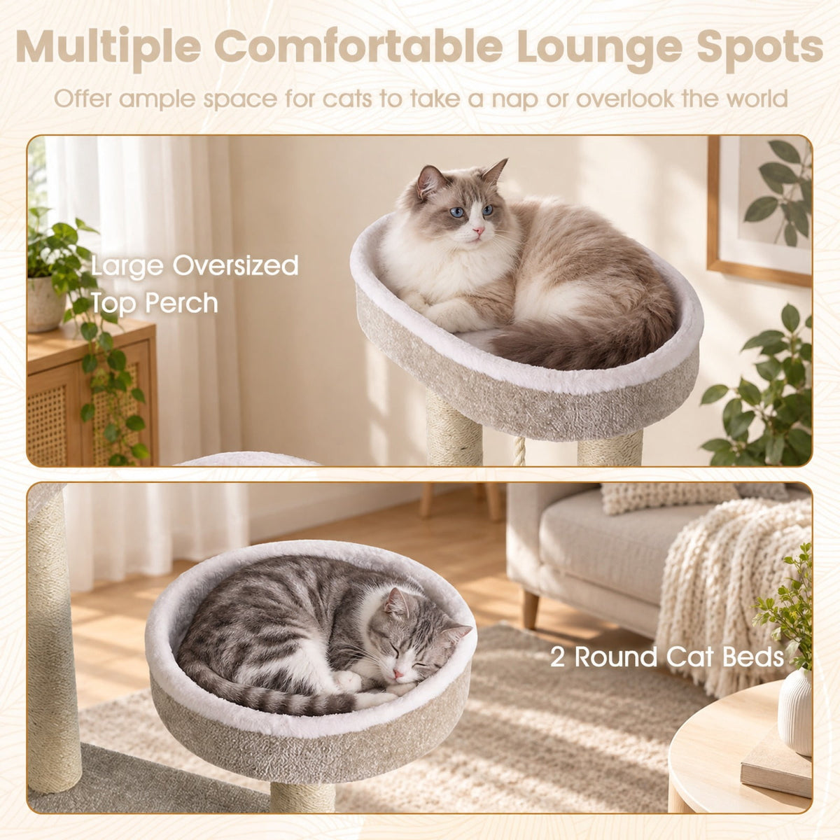 Airfind 51inCarpeted Cat Tree with Comfy Plush Perches for Indoor Cats, 33 lbs Capacity, Beige, Size 19.5in x 19.5in Top Perch