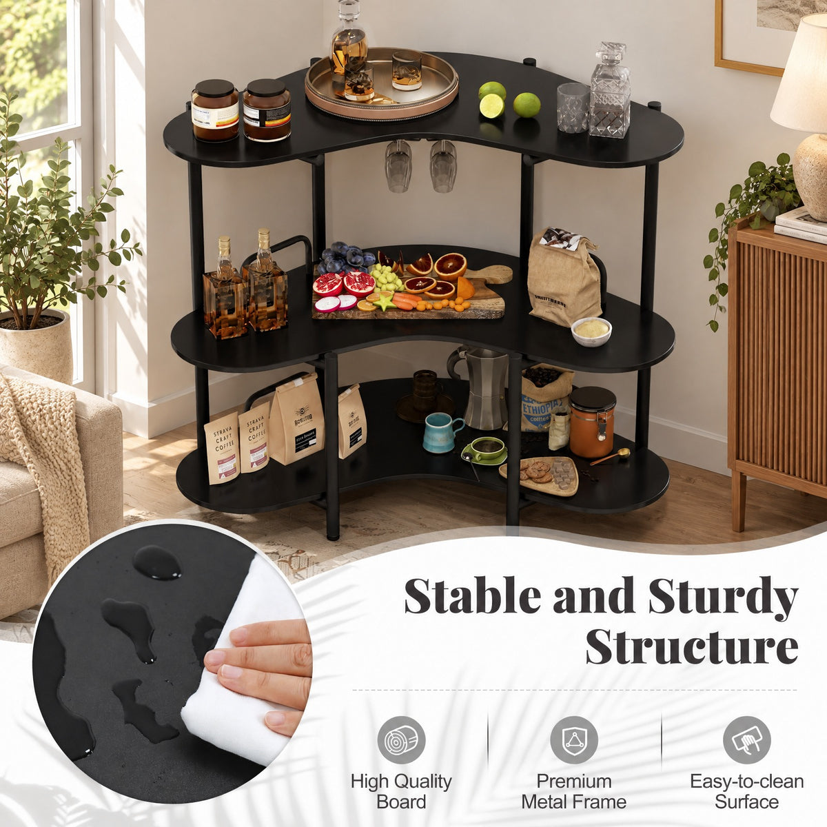 Airfind 3-Tier Liquor Bar Table with Stemware Racks and Storage Shelves, 200 lbs Capacity, Engineered Wood Metal Frame, 48 x 26 x 40 Footprint