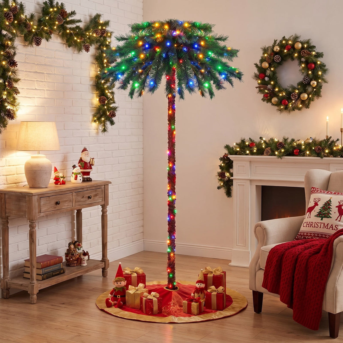 Airfind 6 Feet Pre-Lit Artificial Tropical Christmas Palm Tree with 210 Multi, PVC Metal Frame, 3.2ft x 6ft Footprint, Green