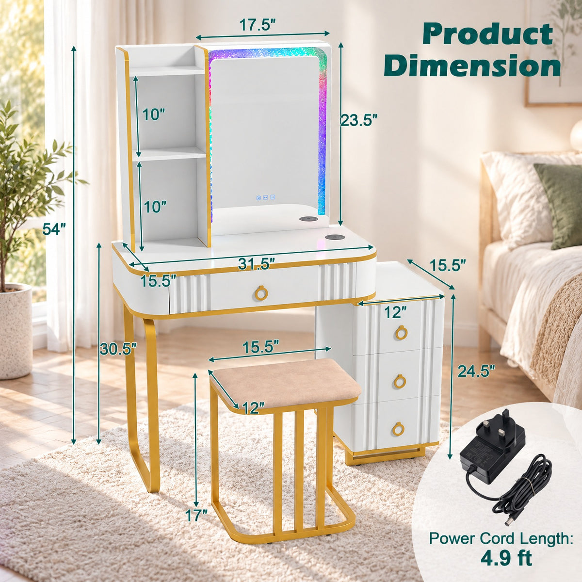 Airfind Vanity Table Set with RGB LED Lights and Wireless Charging Station, 200 lbs Capacity, P2 MDF Pine Wood Metal Frame, White