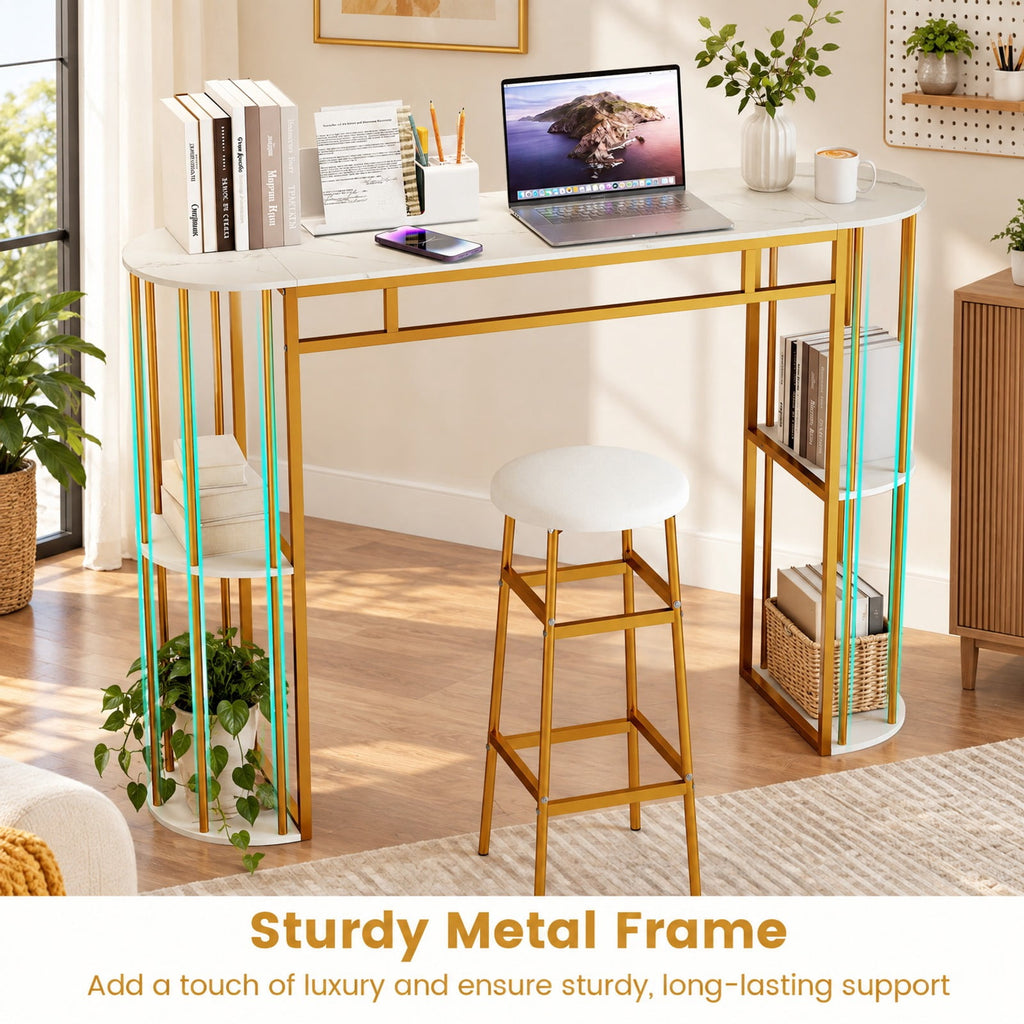 Airfind 60 Inch Long Bar Table Narrow with Faux Marble Tabletop and Storage Shelves, 135 lbs Capacity, Metal Engineered Wood Frame, White