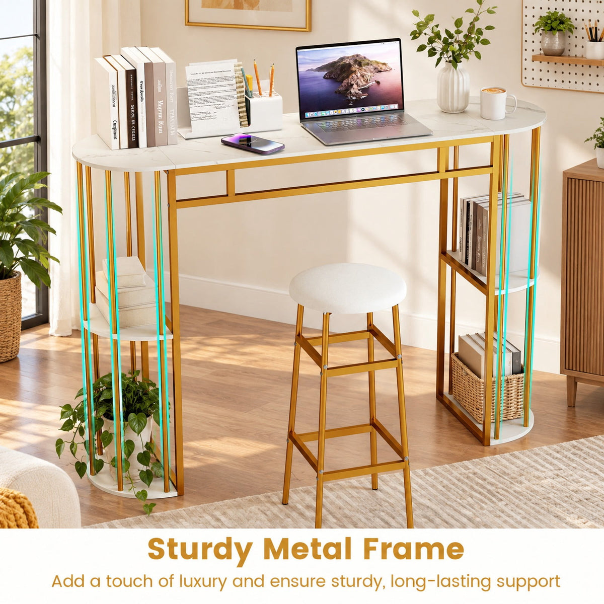 Airfind 60 Inch Long Bar Table Narrow with Faux Marble Tabletop and Storage Shelves, 135 lbs Capacity, Metal Engineered Wood Frame, White