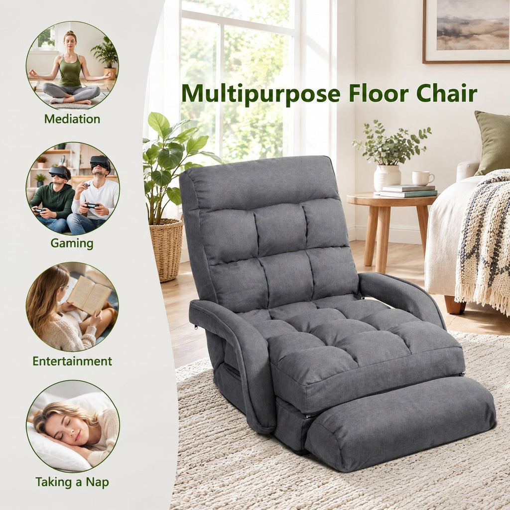 Airfind Folding Lazy Floor Chair Sofa with Armrests and Pillow, Linen-like cloth steel sponge Frame, 22in x 26in x 29in Footprint, Gray