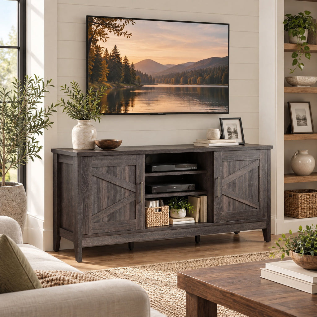 Airfind Farmhouse TV Stand for TVs up to 65 Inch Entertainment Center with 2 Storage Cabinets, 120 lbs Capacity, Engineered Wood Rubber Wood Frame