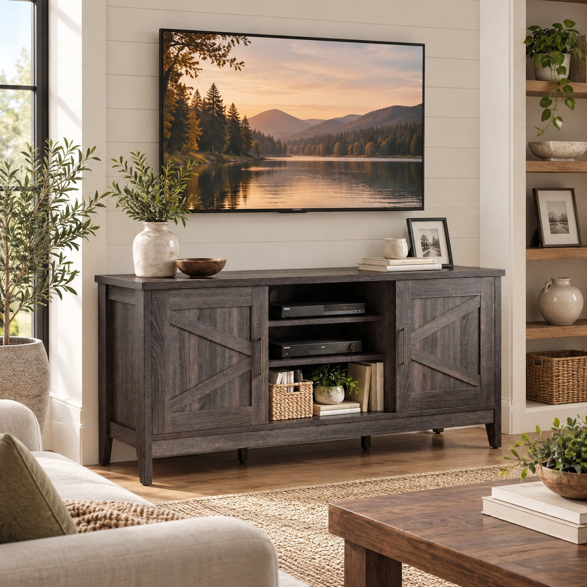 Airfind Farmhouse TV Stand for TVs up to 65 Inch Entertainment Center with 2 Storage Cabinets, 120 lbs Capacity, Engineered Wood Rubber Wood Frame