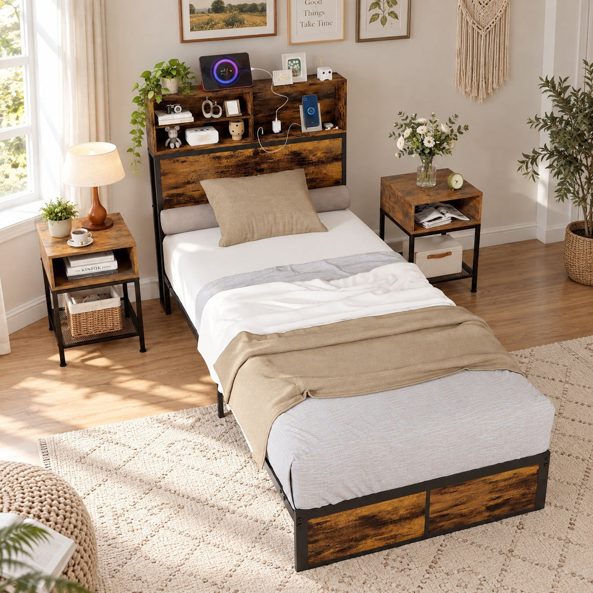 Airfind Twin Size Bed Frame with Storage Headboard Industrial Metal Platform Bed, 485 lbs Capacity, Metal Engineered Wood Frame, Rustic Brown