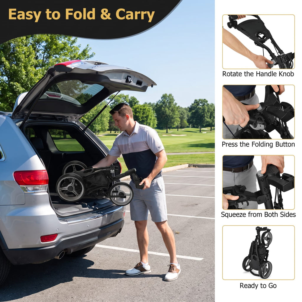 Airfind Folding 3 Wheel Golf Push Cart with Aluminum Frame and Storage Bag and Scoreboard and Adjustable Handle and Cup Holder, Gray