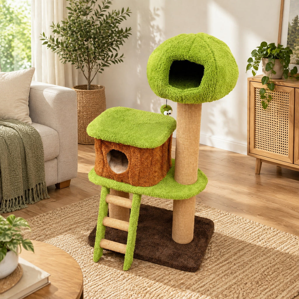 Airfind Cute Cat Tree for Indoor Cats with Mushroom-shaped Nest Condo and Climbing Ladder, 30 x 20 x 56 Cat Condo Footprint, Green