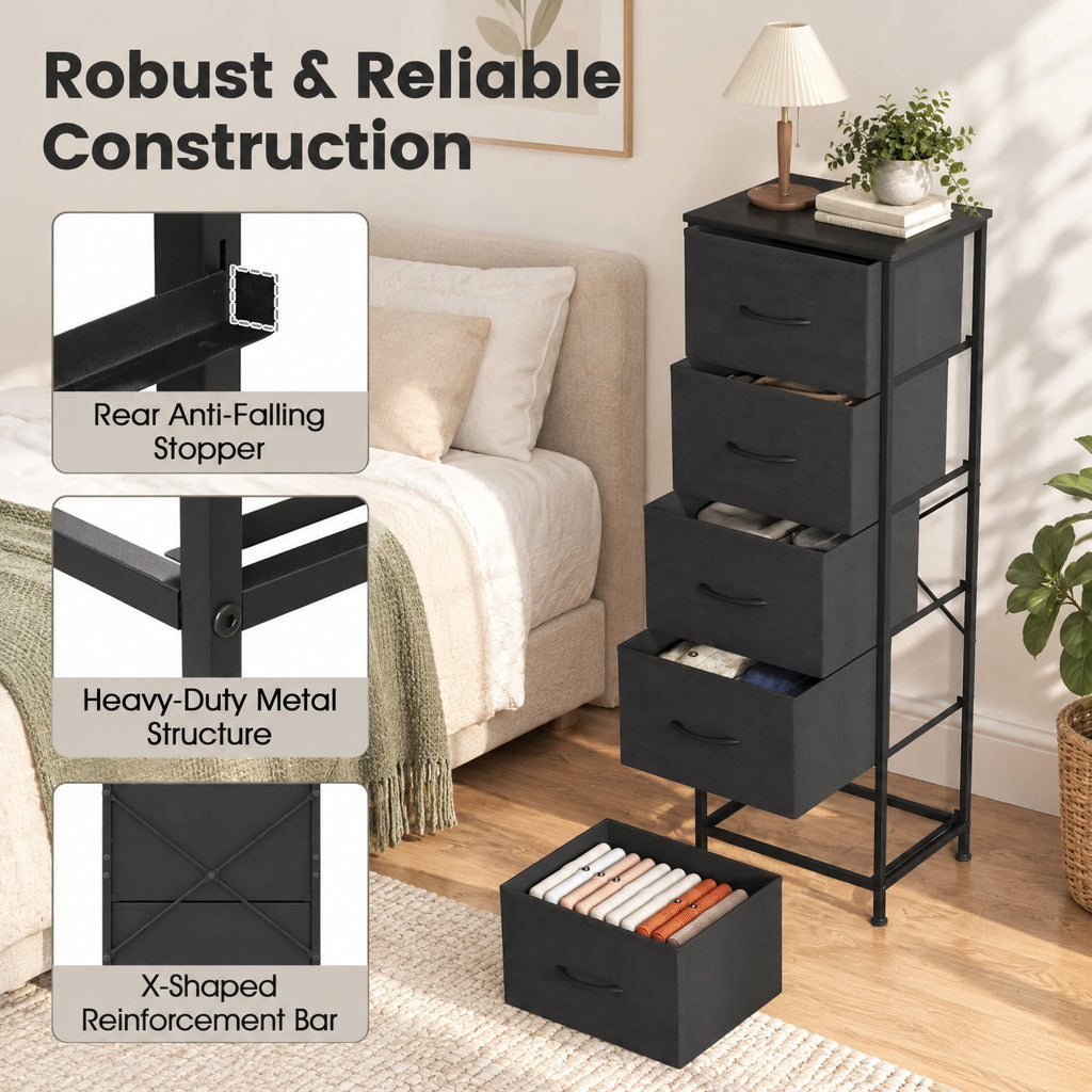 Airfind Dresser Nightstand with 5 Roomy Fabric Drawers for Bedroom, 130 lbs Capacity, Metal Engineered Wood Non-Woven Fabric Frame, Black