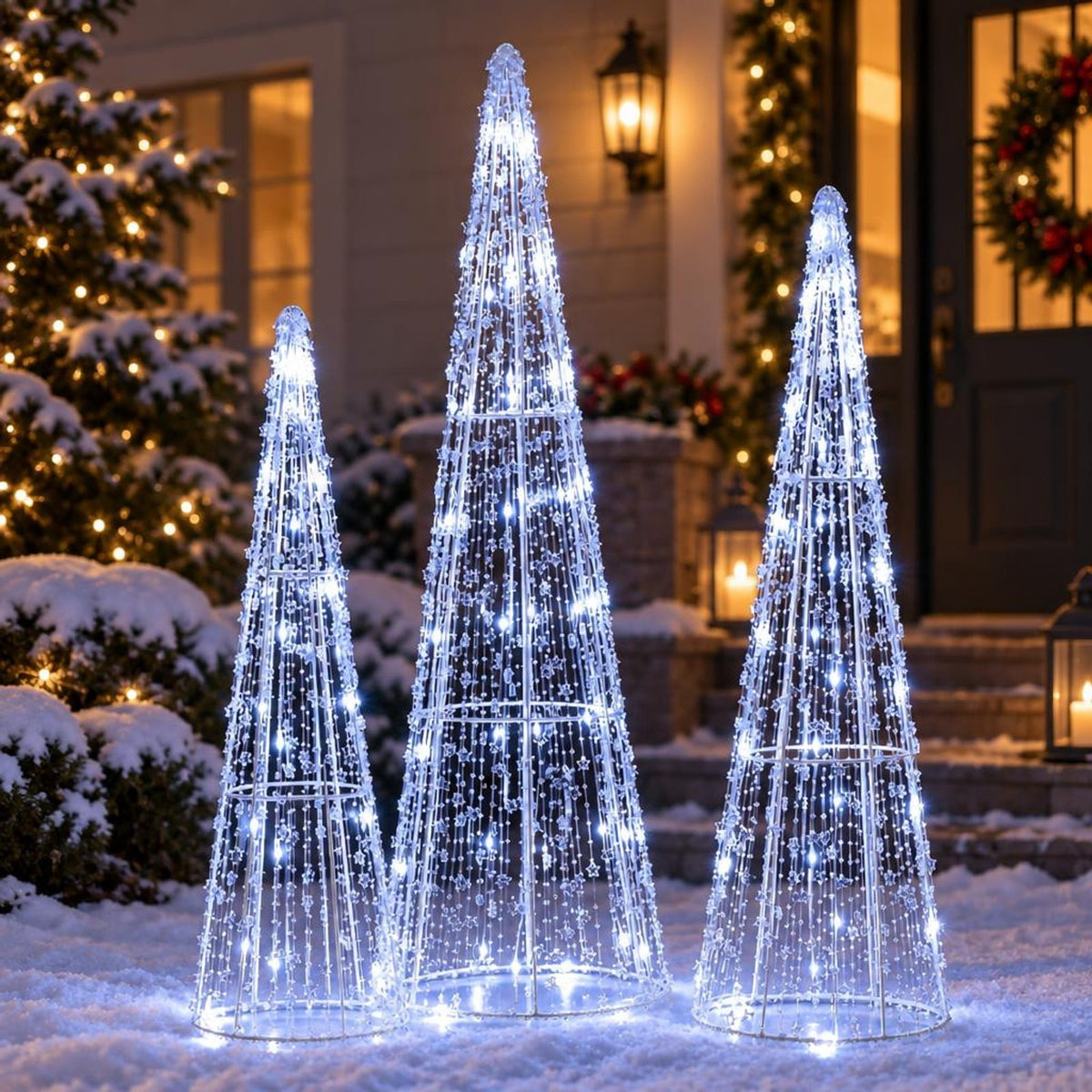 Airfind Set of 3 Pre-lit Christmas Cone Trees with Star Strings for Christmas-Cold White, Metal PS PVC Large Tree Frame, White