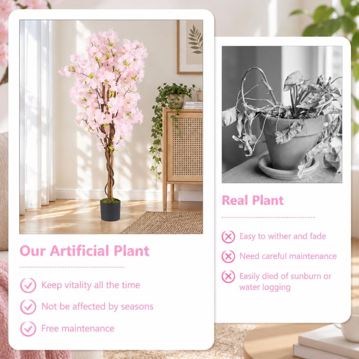 Airfind Artificial Cherry Blossom Tree, 5 FT Tall, with Flowers-1 Pack, Polyester Fabric PP PE Solid Wood Tree Height 59 Inch Pot Frame, Pink