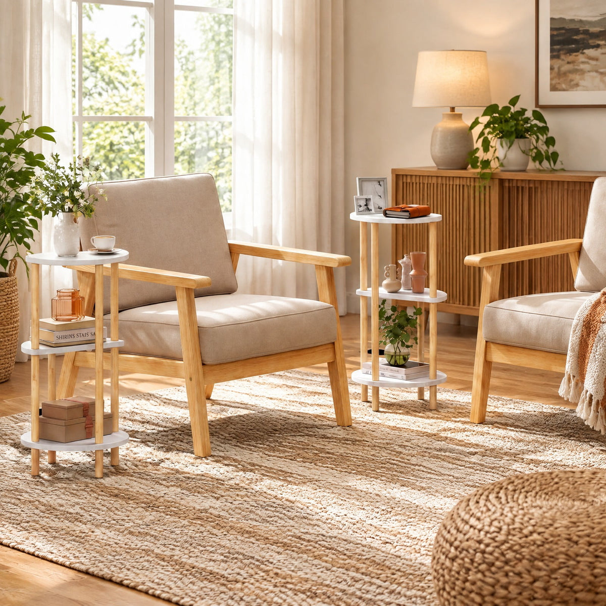 Airfind Set of 2 Round Side Table Compact with 3-Tier Shelves and Bamboo Construction, 11 lbs Capacity, Bamboo Frame, White