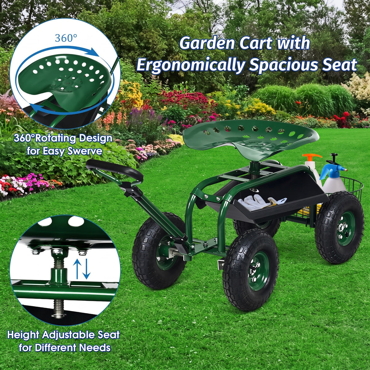 Airfind Heavy Duty Garden Cart with Tool Tray and 360 Swivel Seat, 330 lbs Capacity, Steel Rubber Plastic Frame, 38 x 17 x Footprint, Green