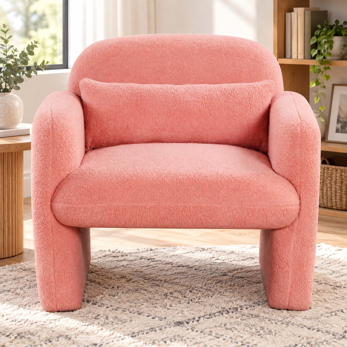Airfind Modern Accent Chair with Waist Pillow and Armrests for Living Room Bedroom, 440 lbs Capacity, Sherpa Fabric Sponge Wooden Frame, Pink