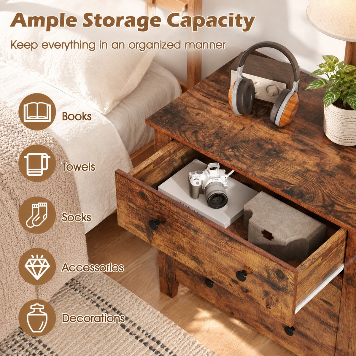 Airfind 3 Drawer Dresser Chest of Drawers Bedside Table, MDF Frame, 28in x 18in x 26in Footprint, Brown