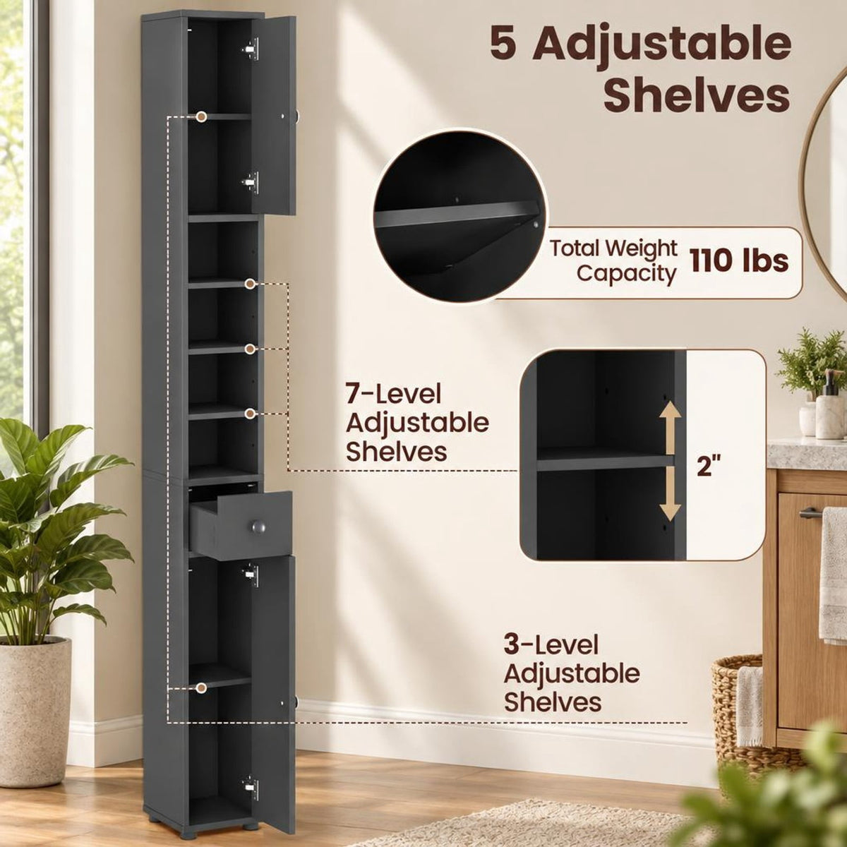 Airfind Freestanding Slim Bathroom Cabinet with Drawer and Adjustable Shelves, 110 lbs Capacity, MDF Frame, 8in x 8in x 71in Total Footprint, Gray