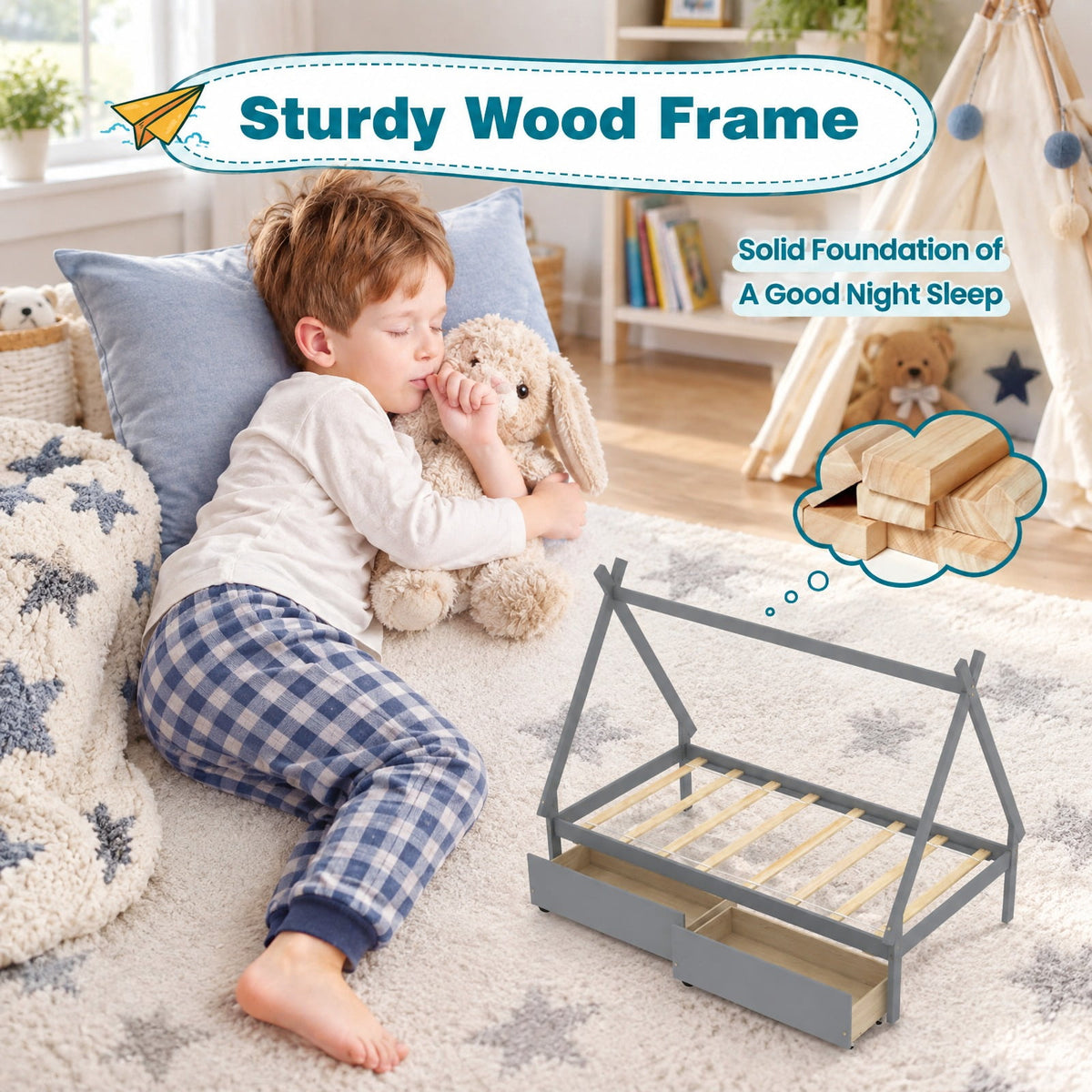 Airfind Twin Size Wooden Tent Platform House Bed with 2 Drawers, 200 lbs Capacity, Solid Wood Plywood Frame, 78 Inch x 46.5 Inch x 59 Inch Footprint, Gray