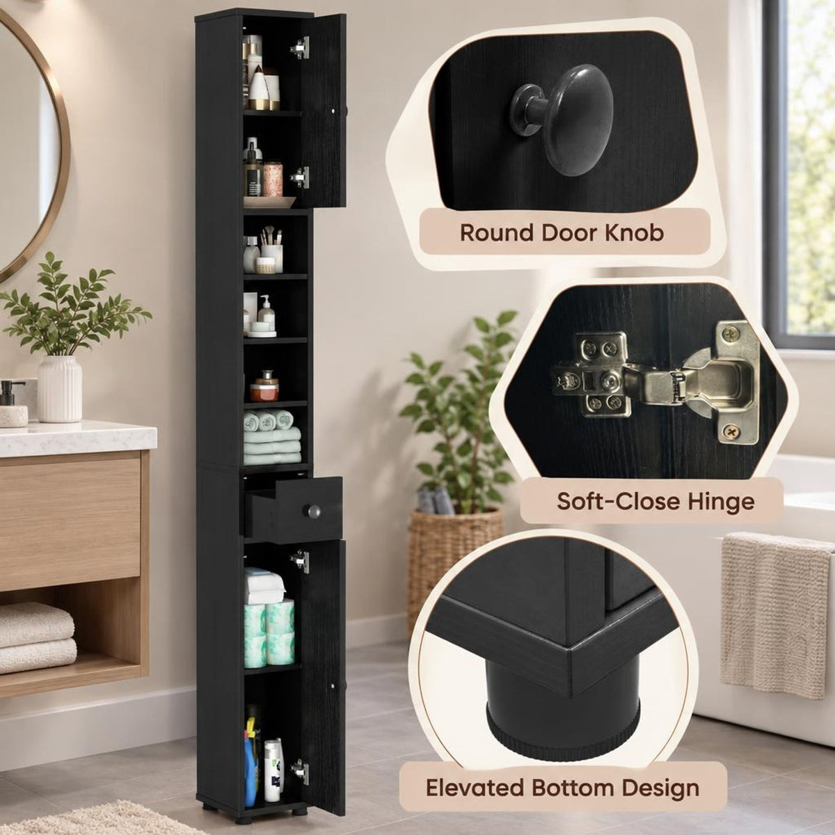 Airfind Freestanding Slim Bathroom Cabinet with Drawer and Adjustable Shelves, 110 lbs Capacity, MDF Frame, 8in x 8in x 71in Total Footprint, Black