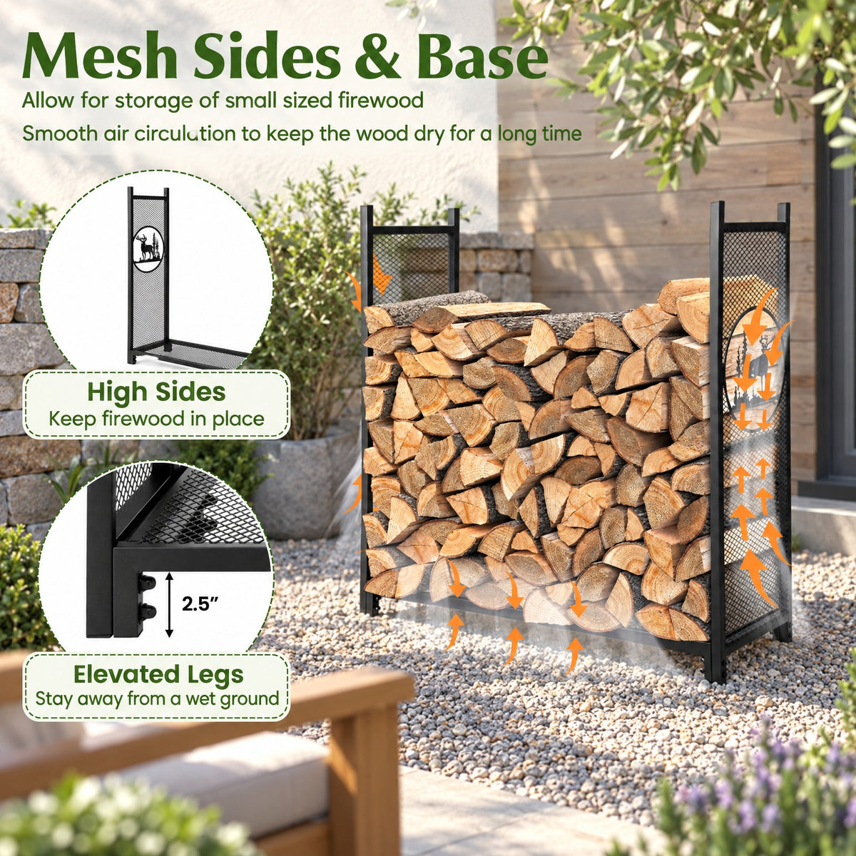 Airfind 4 Feet Firewood Rack Stand with Mesh Sides, 300 lbs Capacity, Metal Frame, 48 x 15 x 46 Footprint, Black