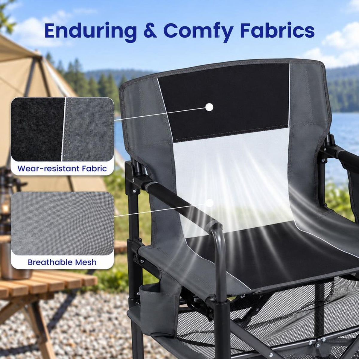 Airfind Heavy Duty Outdoor Camping Chair with Cup Holder and Side Pocket, 330 lbs Capacity, Metal Nylon Mesh PVC Fabric PP Frame, Black