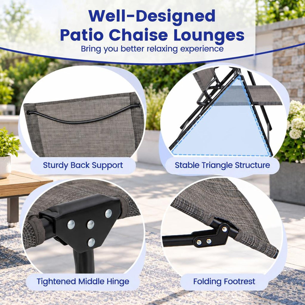 Airfind 2 Piece Patio Folding Chaise Lounge Chairs Recliner with 6-Level Backrest, 61-74.5 x 25 x 25.5-40Folding Footprint, Coffee