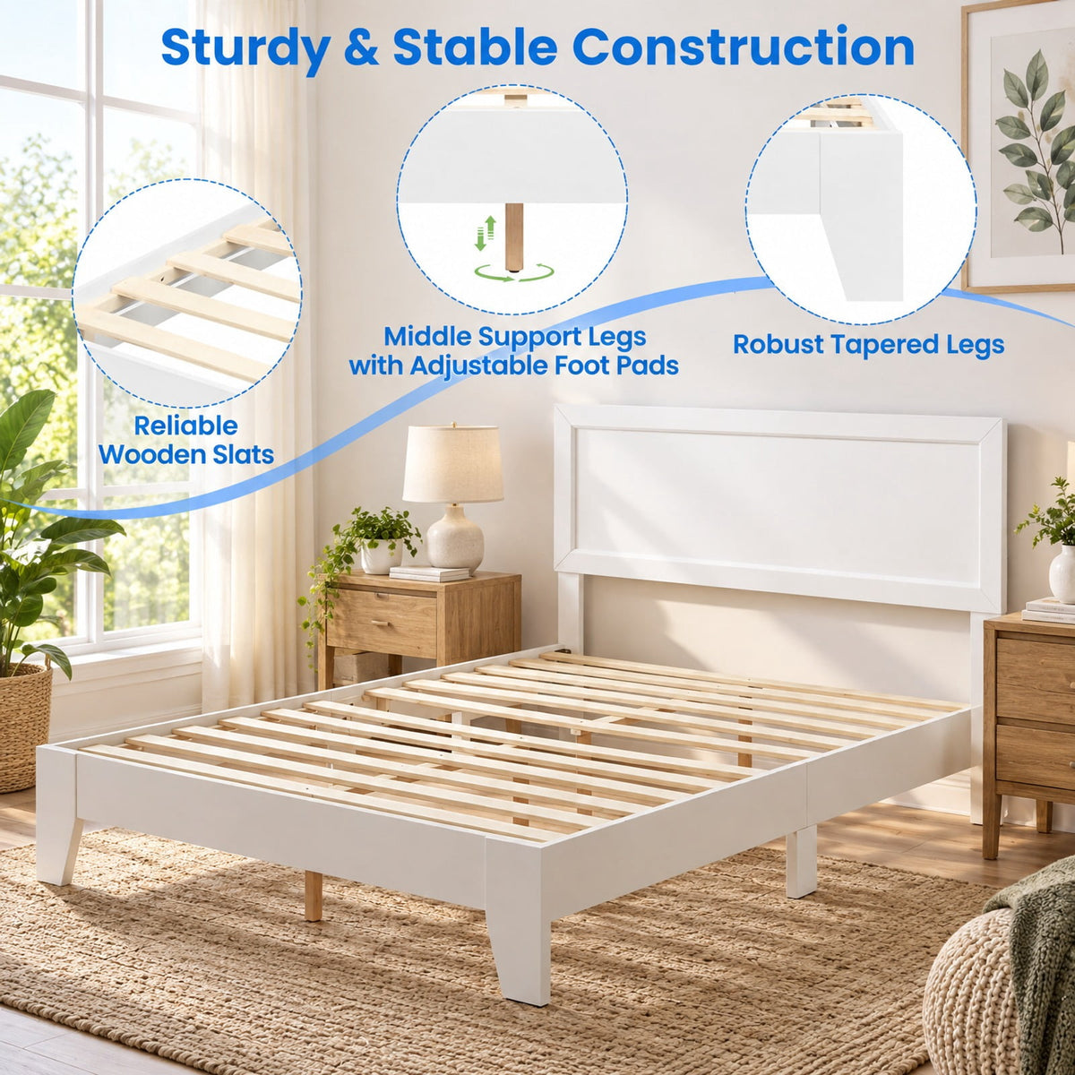 Airfind Queen Size Modern Bed Frame with Headboard, 500 lbs Capacity, Engineered Wood Frame, White, Eye-catching addition to your bedroom