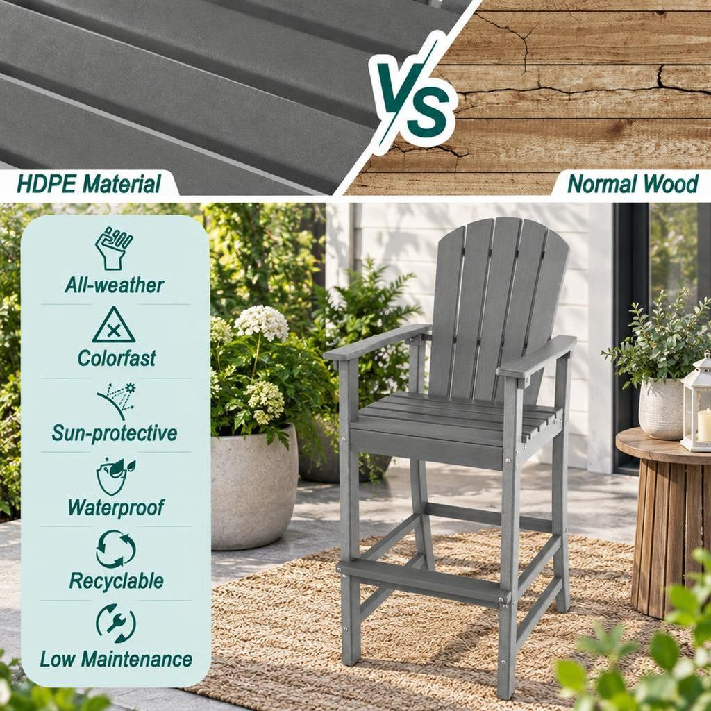 Airfind 30 Inches Counter Height Outdoor HDPE Bar Stool with Armrests and Footrest, 360 lbs Capacity, HDPE Frame, Gray