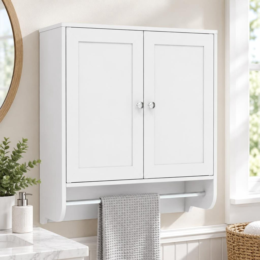 Airfind Wall Mounted Bathroom Storage Medicine Cabinet with Towel Bar, 100 lbs Capacity, Engineered Wood Frame, White