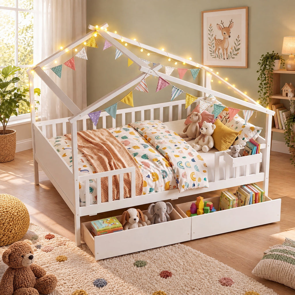 Airfind Full Size House Bed with Roof and Fence Rails for Kid, 550 lbs Capacity, Pine Wood Plywood MDF Engineered Wood Frame, White
