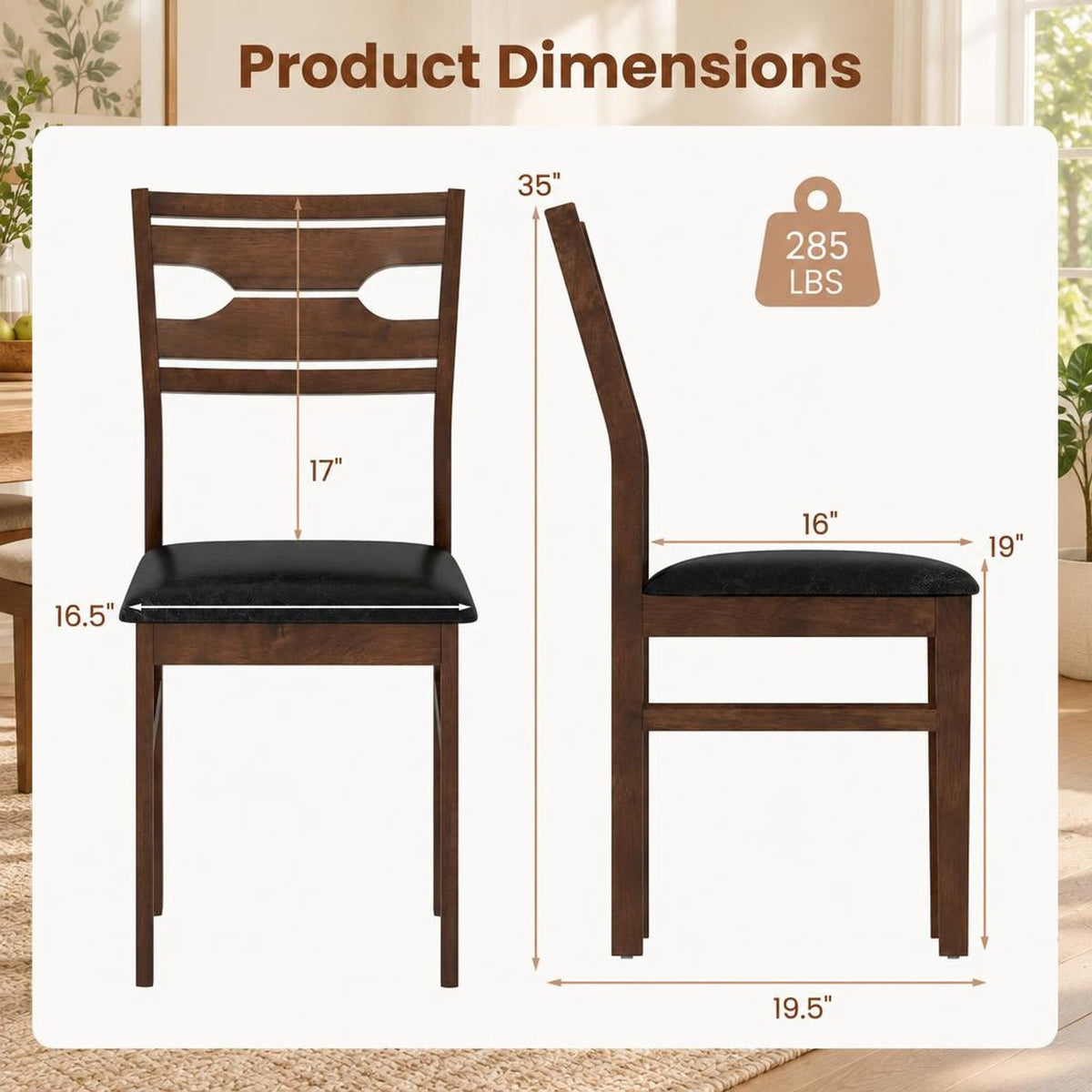 Airfind Wooden Dining Chair Set of 2 with PU Leather Padded Seat and Rubber Wood Frame, 285 lbs Capacity, Rubber Wood Frame, Walnut