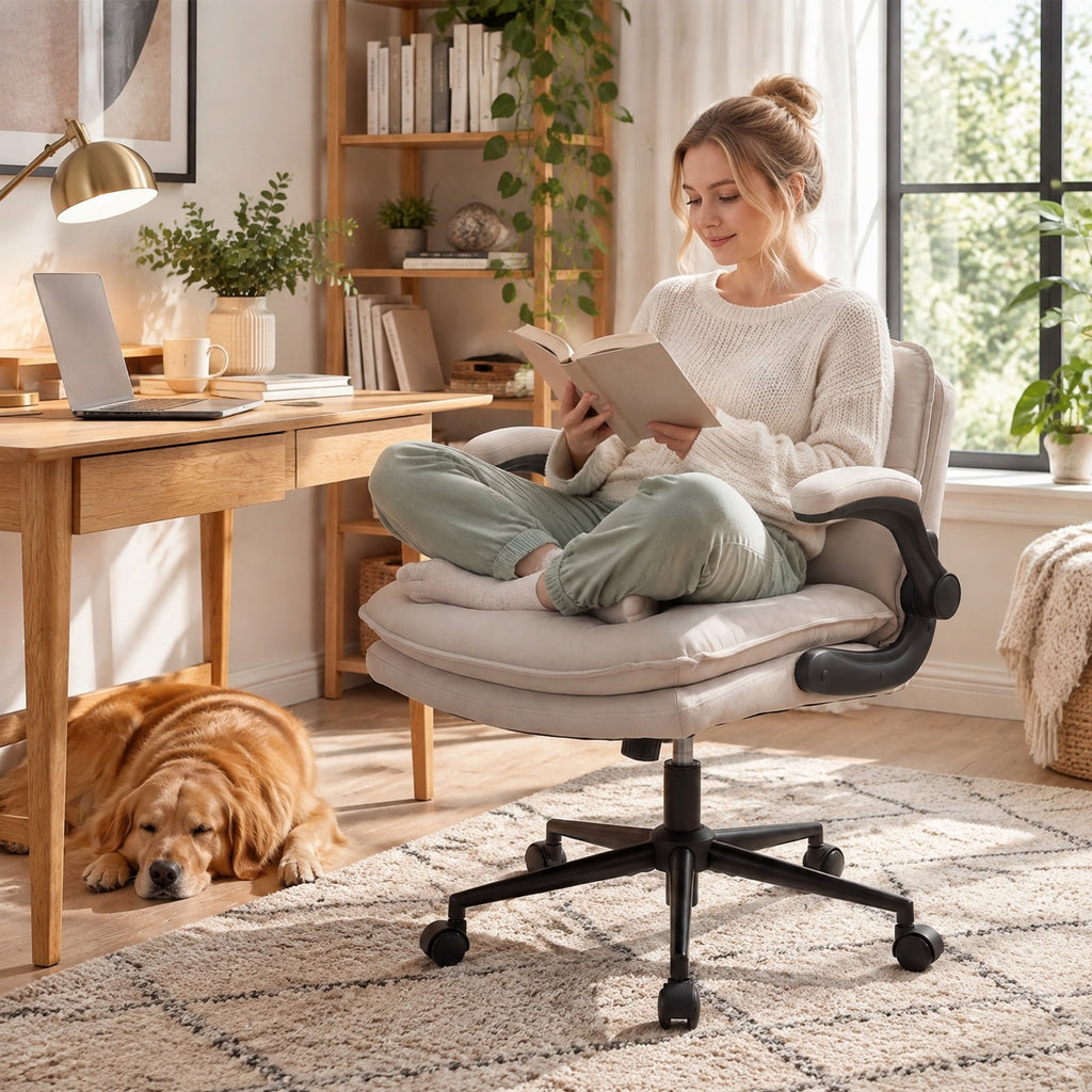 Airfind Criss Cross Chair on Wheels with Flip-up Arms Adjustable Height, 330 lbs Capacity, Faux Leather Metal Sponge PU Nylon Frame, Beige
