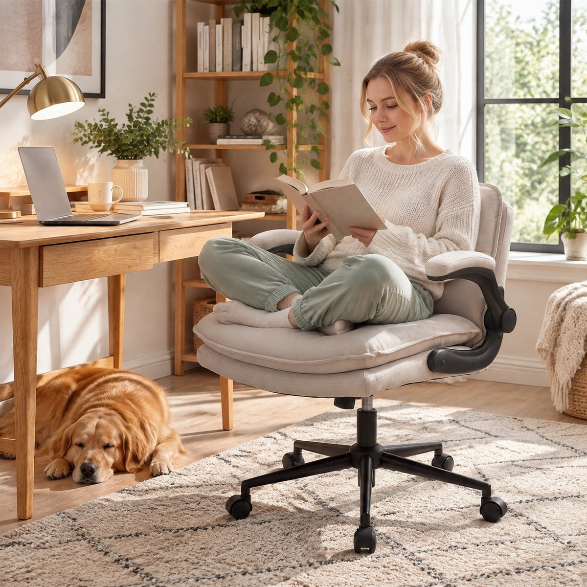 Airfind Criss Cross Chair on Wheels with Flip-up Arms Adjustable Height, 330 lbs Capacity, Faux Leather Metal Sponge PU Nylon Frame, Beige