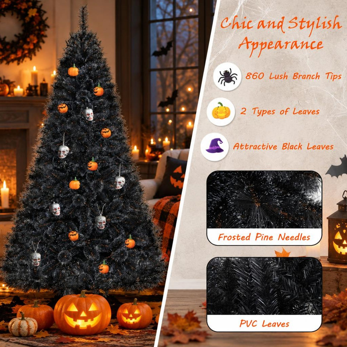 Airfind 6/7/8 Feet Black Artificial Halloween Christmas Tree with PVC Branch Tips and 210/320/450 Cool White LED Lights, Black