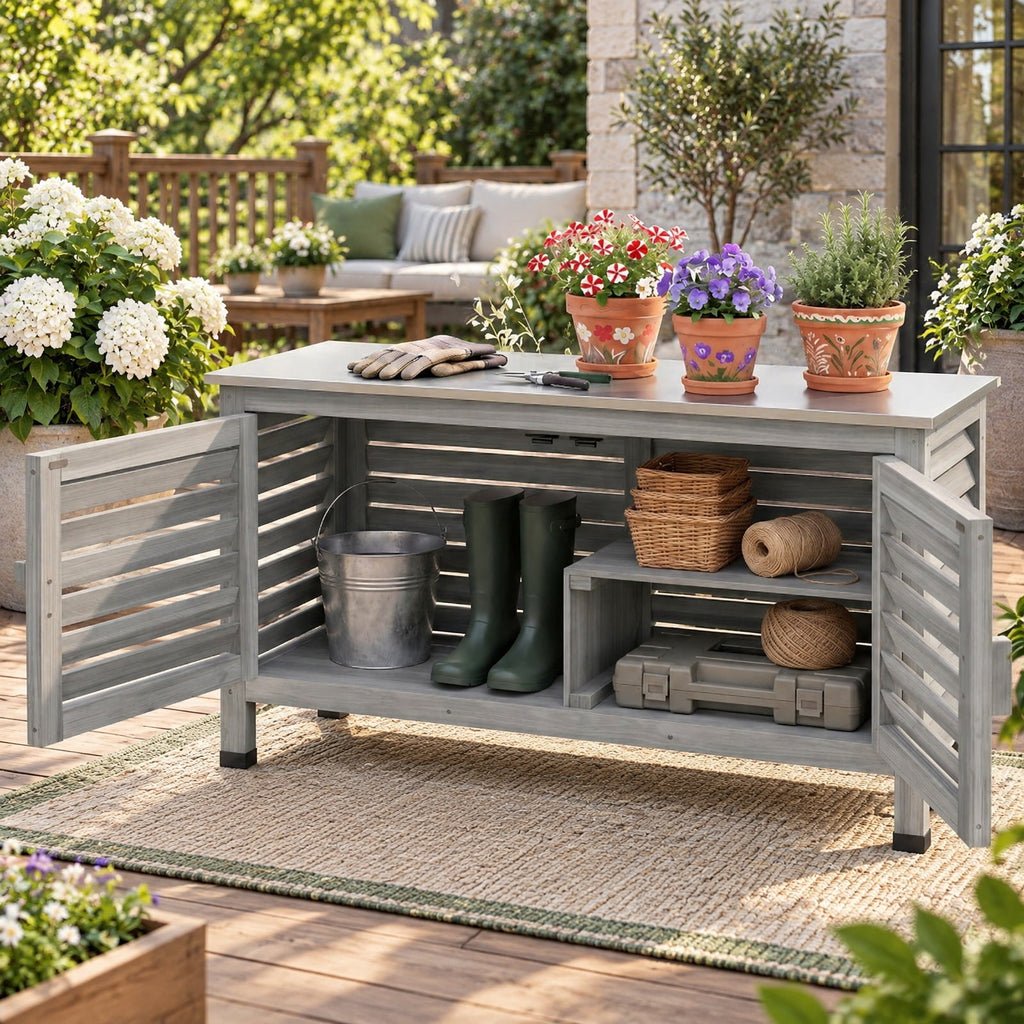 Airfind Patio Storage Cabinet with Stainless Steel Countertop and L-Shaped Shelf for Garden, 66 lbs Capacity, Fir Wood Stainless Steel Rubber Frame