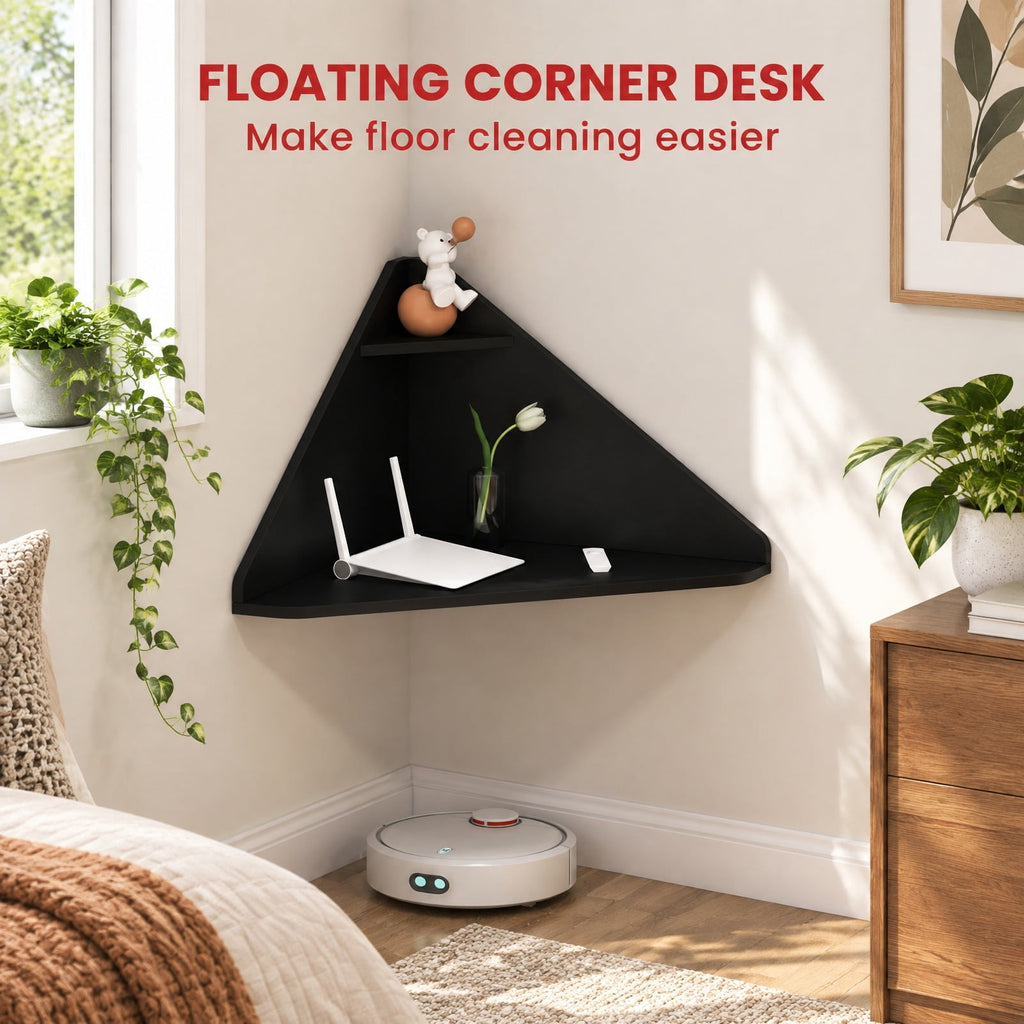 Airfind Floating Triangular Corner Computer Desk with Storage Shelf, Engineered Wood Frame, Black, Overall Dimensions 36.5 Inch x 31 Inch x 18 Inch Sid
