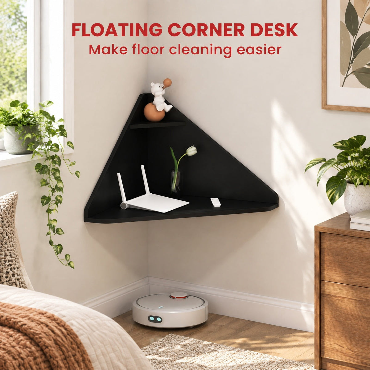 Airfind Floating Triangular Corner Computer Desk with Storage Shelf, Engineered Wood Frame, Black, Overall Dimensions 36.5 Inch x 31 Inch x 18 Inch Sid