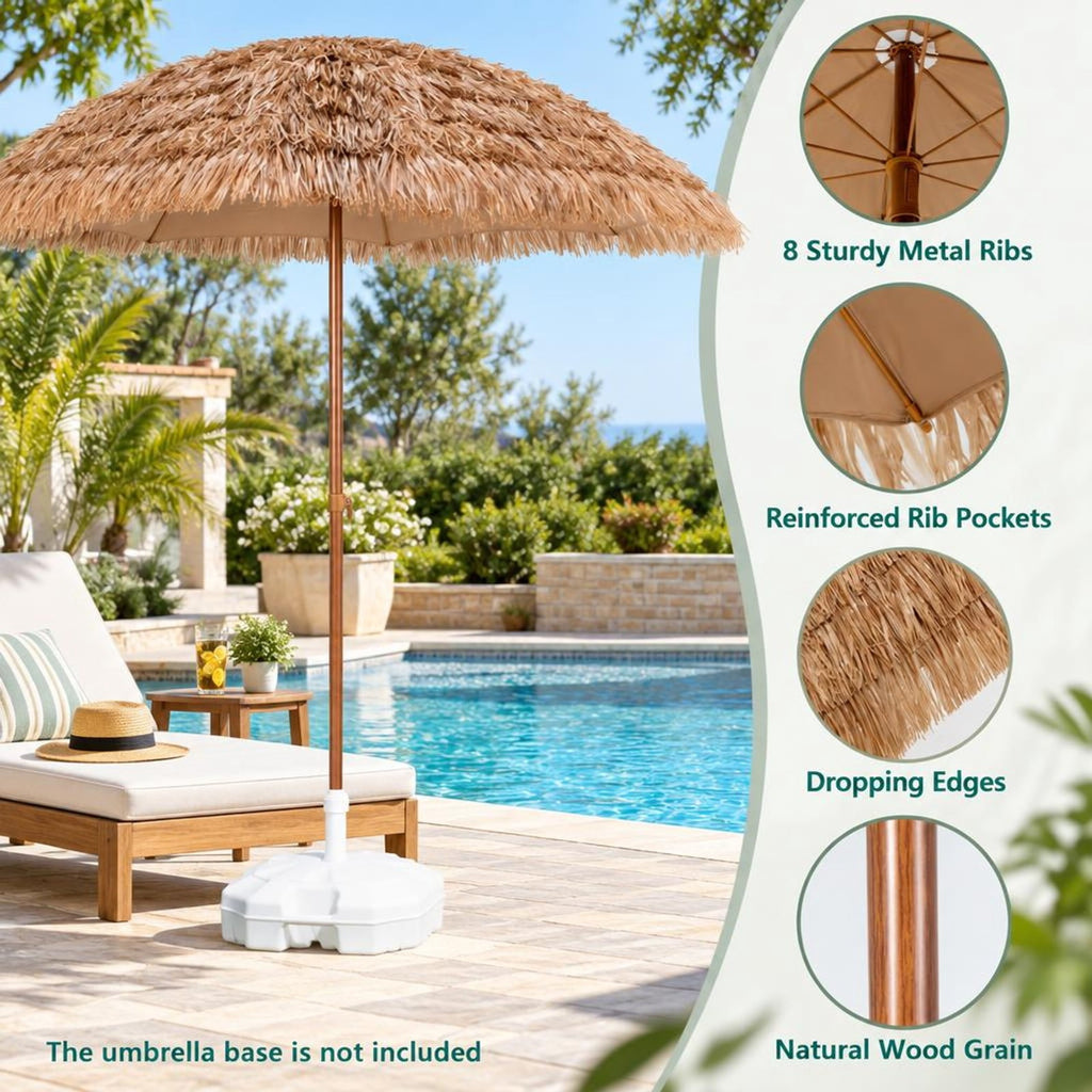 Airfind 8 Feet Patio Thatched Tiki Umbrella Hawaiian Hula Beach Umbrella, Thatch steel Frame, 8 ft x 7.3 ft Footprint, Natural