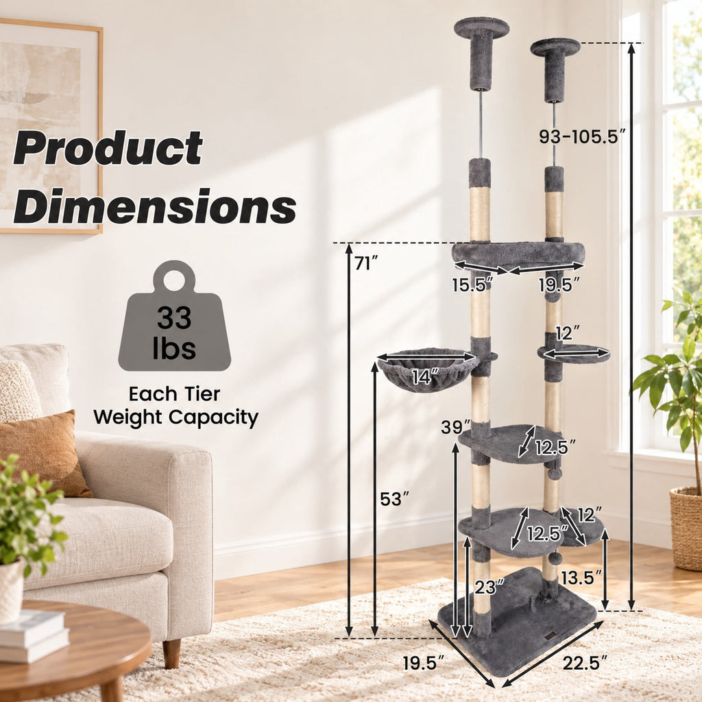 Airfind 6-tier Floor to Ceiling Cat Tree with Plush Bed and Sisal Scratching Posts, 33 kg Capacity, Plywood Plush Metal Sisal Rope Frame, Grey