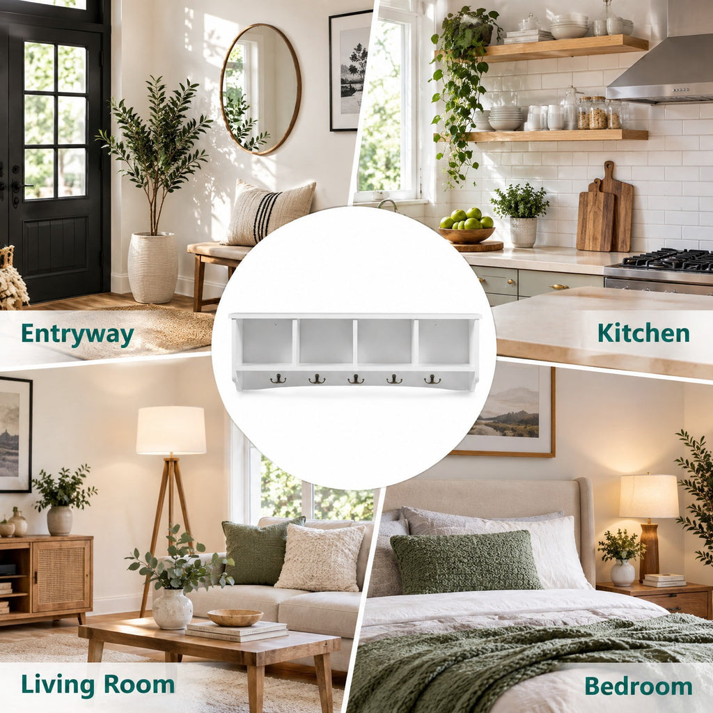 Airfind Wall-Mounted Storage Cabinet Hanging Entryway Shelf Coat Rack, 11 lbs Capacity, P2 MDF Frame, White